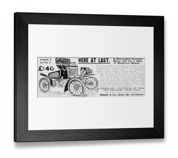 Framed Print : Mead & Co. veteran car advertisement, early 1900s Framed Print : Mead & Co. veteran car advertisement, early 1900s