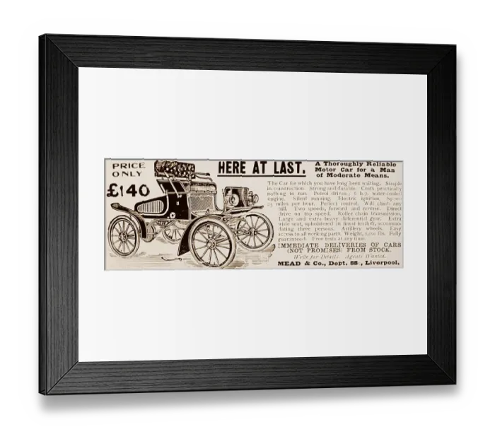 Framed Print : Mead & Co. veteran car advertisement, early 1900s Framed Print : Mead & Co. veteran car advertisement, early 1900s
