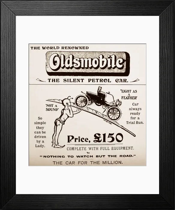 Framed Print : Oldsmobile veteran car advertisement, early 1900s Framed Print : Oldsmobile veteran car advertisement, early 1900s
