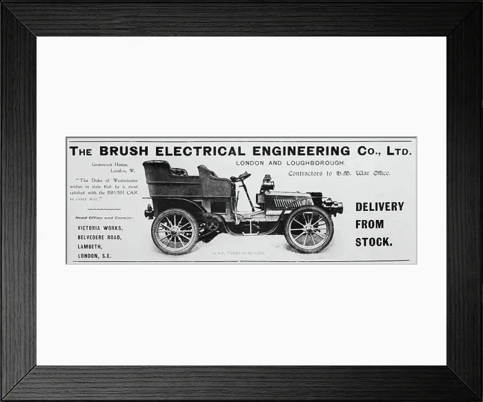 Framed Print : Brush Electrical Engineering veteran car advert Framed Print : Brush Electrical Engineering veteran car advert