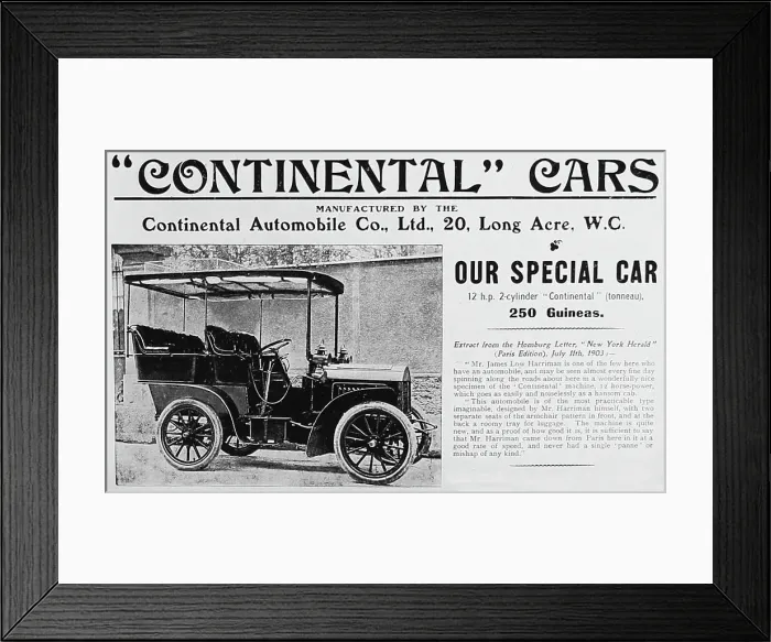 Framed Print : Continental veteran car advertisement, early 1900s Framed Print : Continental veteran car advertisement, early 1900s