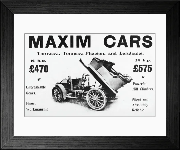 Framed Print : Maxim veteran car advertisement, early 1900s Framed Print : Maxim veteran car advertisement, early 1900s
