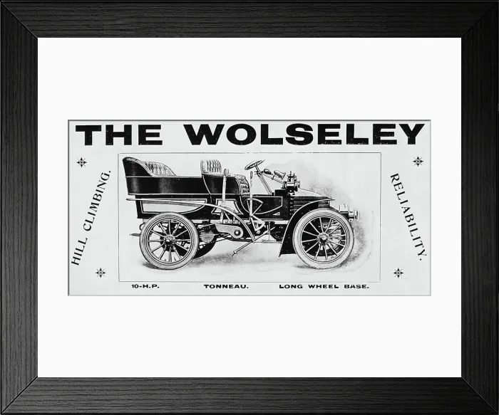 Framed Print : Wolseley veteran car advertisement, early 1900s Framed Print : Wolseley veteran car advertisement, early 1900s