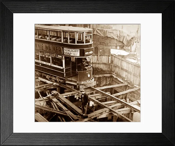 Framed Print : A London tram passing over cut and cover works Framed Print : A London tram passing over cut and cover works