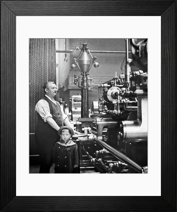 Framed Print : Factory or mill steam engine driver and his son Framed Print : Factory or mill steam engine driver and his son