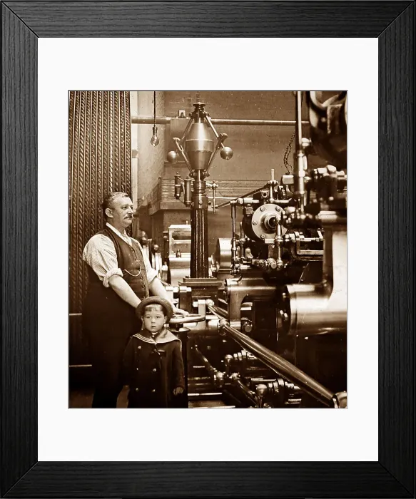 Framed Print : Factory or mill steam engine driver and his son Framed Print : Factory or mill steam engine driver and his son