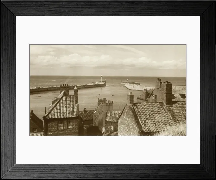 Framed Print : Harbour Entrance and Piers from Church Steps, Whitby Framed Print : Harbour Entrance and Piers from Church Steps, Whitby