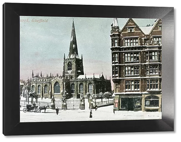 Sheffield Cathedral in the snow - Valentine's postcard 1905