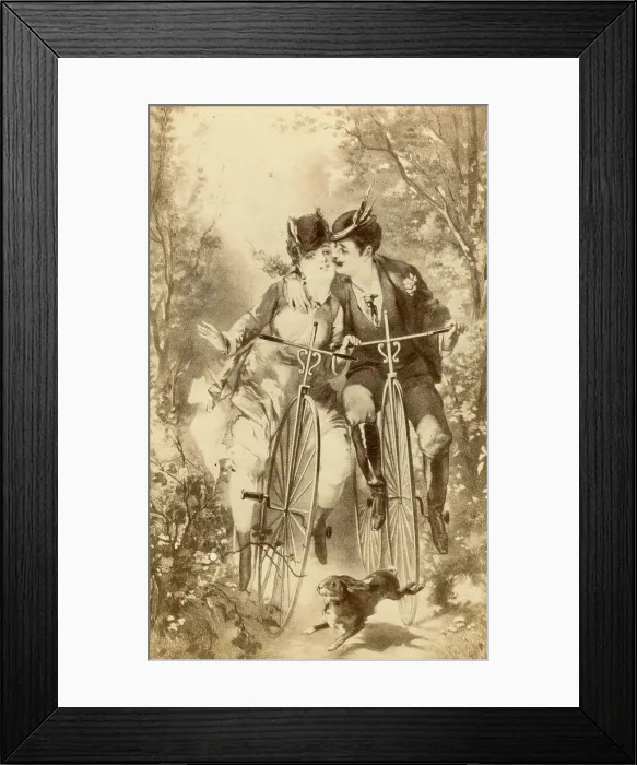 Framed Print : Lovers on Penny Farthing Bicycles 1870 Framed Print : Lovers on Penny Farthing Bicycles 1870