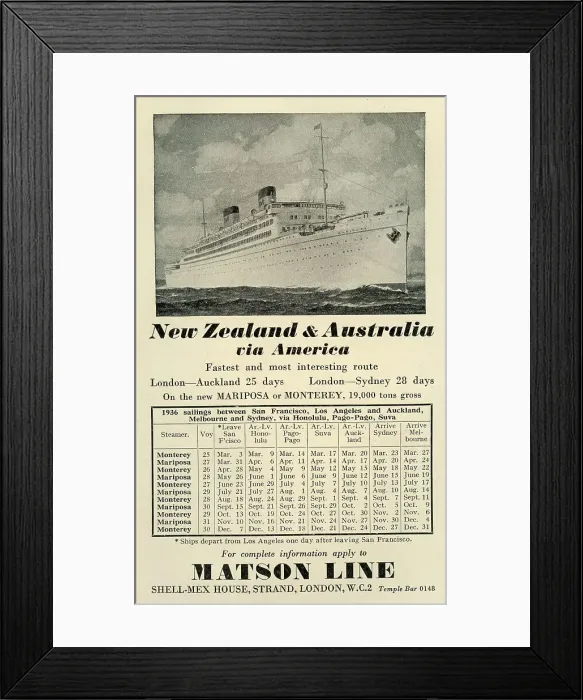 Framed Print : New Zealand and Australia, Steam Ship sailings Matson Line Framed Print : New Zealand and Australia, Steam Ship sailings Matson Line