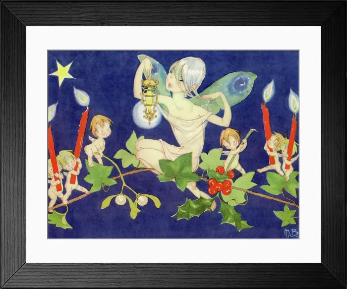Framed Print : Christmas Fairy and Cupids carrying candles, mistletoe Framed Print : Christmas Fairy and Cupids carrying candles, mistletoe