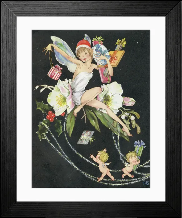 Framed Print : Fairy seated on a Christmas Rose with presents, Cupids Framed Print : Fairy seated on a Christmas Rose with presents, Cupids