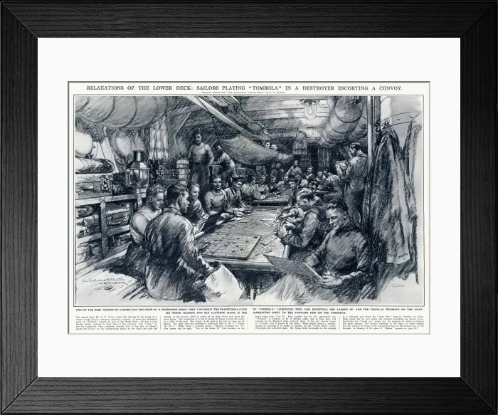 Framed Print : Beginning of World War Two, where sailors are relaxing in a destroyer escorting a Convoy. Date: 1939 Framed Print : Beginning of World War Two, where sailors are relaxing in a destroyer escorting a Convoy. Date: 1939