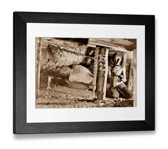Framed Print : Miners drilling holes in a two foot seam early 1900s Framed Print : Miners drilling holes in a two foot seam early 1900s