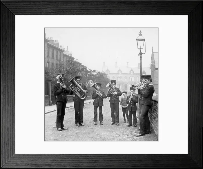 Framed Print : German Street Band in Bradford Victorian period Framed Print : German Street Band in Bradford Victorian period