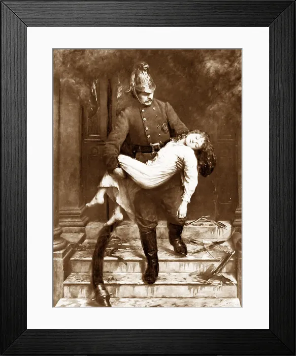 Framed Print : Hero Fireman rescues child Framed Print : Hero Fireman rescues child
