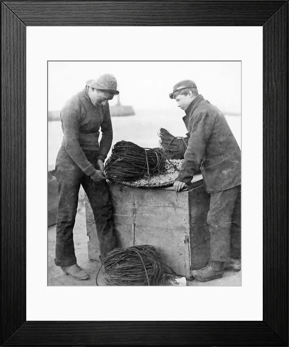 Framed Print : Fisherman baiting lines early 1900s Framed Print : Fisherman baiting lines early 1900s
