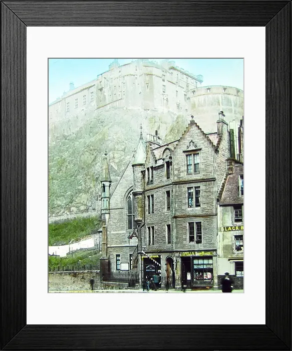 Framed Print : Edinburgh Castle from Grassmarket, hand coloured photo Framed Print : Edinburgh Castle from Grassmarket, hand coloured photo