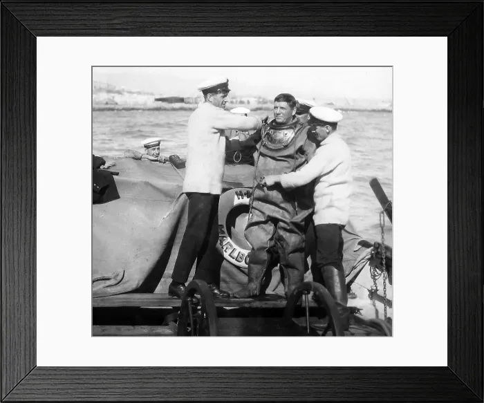 Framed Print : HMS Marlborough dressing a diver possibly 1930s Framed Print : HMS Marlborough dressing a diver possibly 1930s