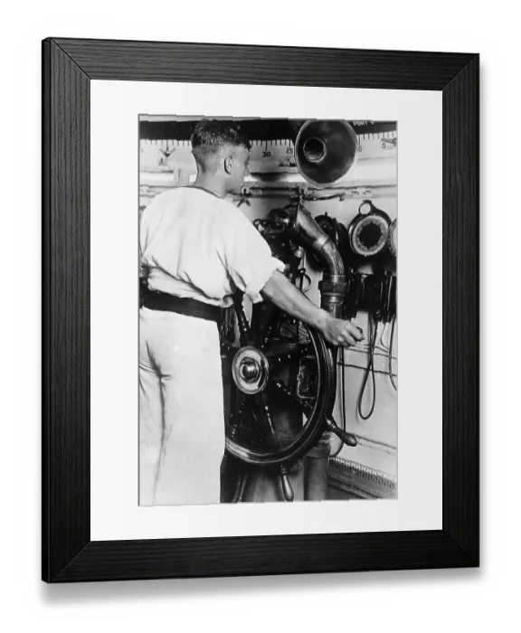 Framed Print : Royal Navy helmsman at the wheel probably 1930s Framed Print : Royal Navy helmsman at the wheel probably 1930s