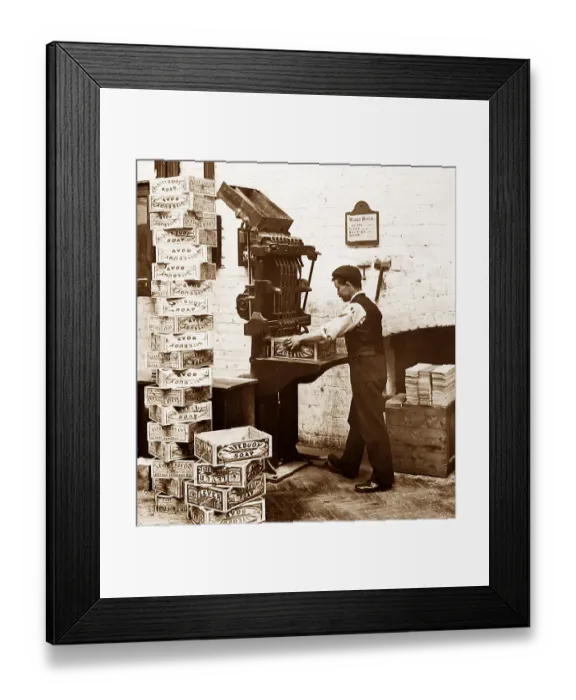 Framed Print : Port Sunlight - nailing wooden boxes - early 1900s Framed Print : Port Sunlight - nailing wooden boxes - early 1900s