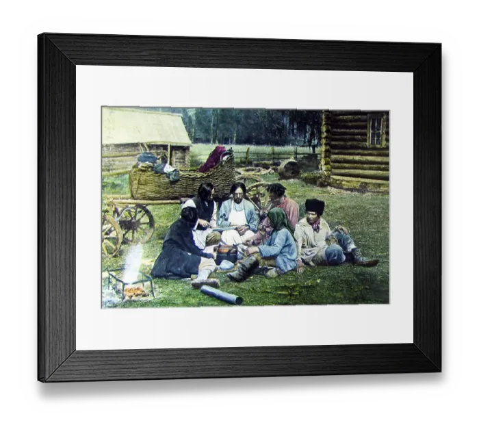 Framed Print : Peasant family and tarantass, Russia, hand coloured photo Framed Print : Peasant family and tarantass, Russia, hand coloured photo