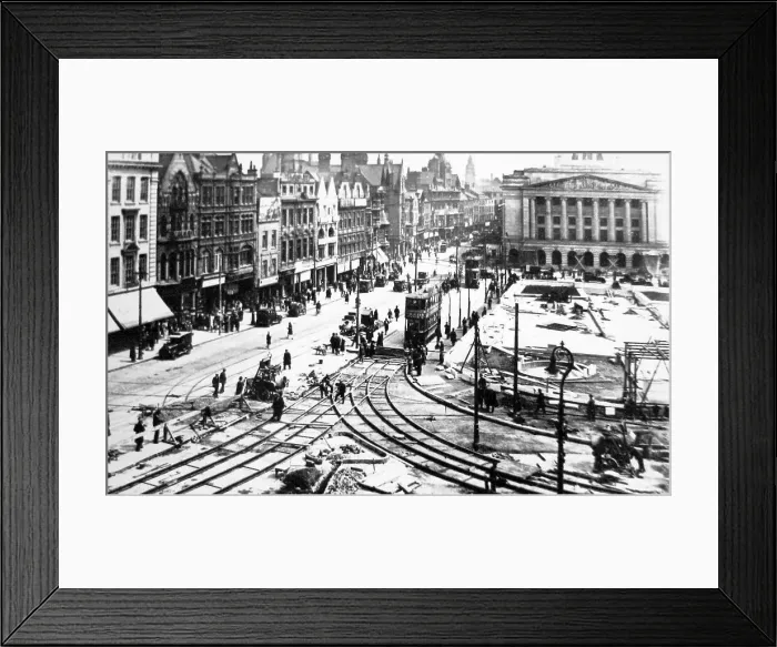 Framed Print : Nottingham Market Square laying tram tracks in 1929