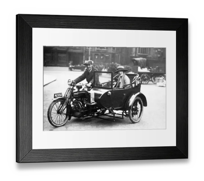Framed Print : Campion motorbike taxi in Trinity Square Nottingham in 1927 Framed Print : Campion motorbike taxi in Trinity Square Nottingham in 1927