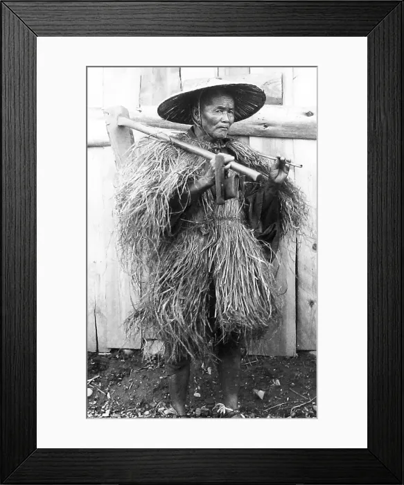 Framed Print : Farmer in raincoat, Japan Framed Print : Farmer in raincoat, Japan