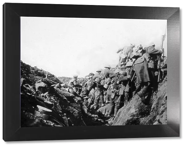Canadian troops in a Somme trench going over