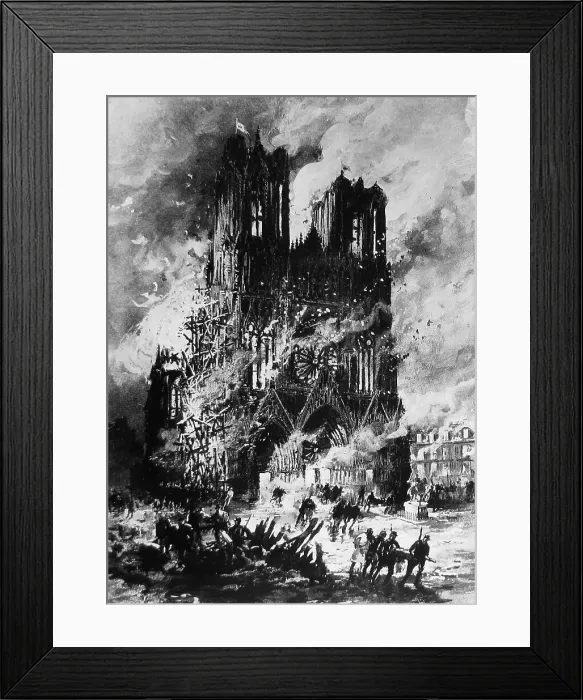 Framed Print : Rheims Cathedral on fire during WW1 Framed Print : Rheims Cathedral on fire during WW1