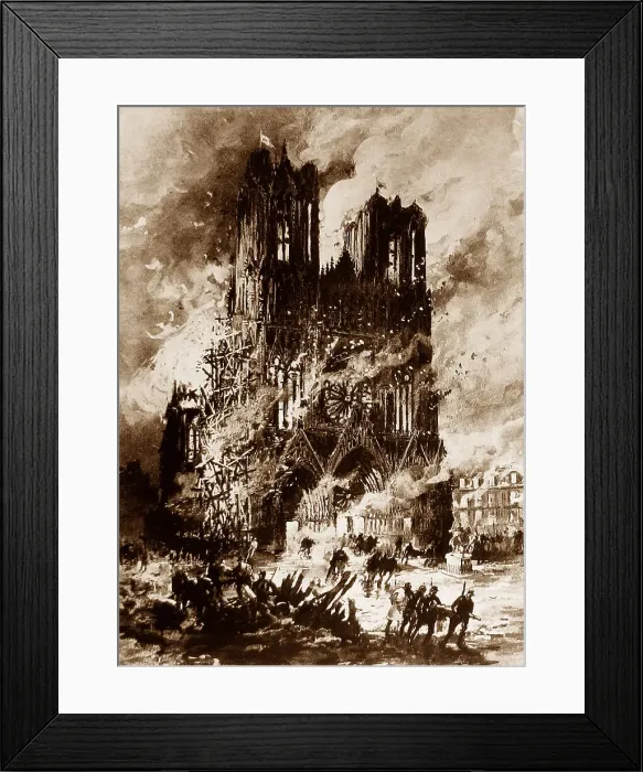 Framed Print : Illustration of Rheims Cathedral, France during WW1 Framed Print : Illustration of Rheims Cathedral, France during WW1