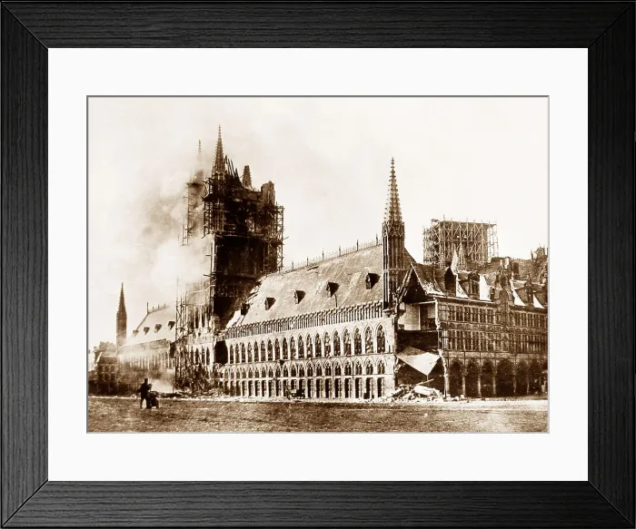 Framed Print : Cloth Hall on fire, Ypres, Belgium during WW1 Framed Print : Cloth Hall on fire, Ypres, Belgium during WW1