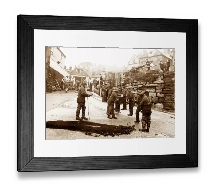 Framed Print : Robin Hoods Bay, fishermen repairing nets Framed Print : Robin Hoods Bay, fishermen repairing nets