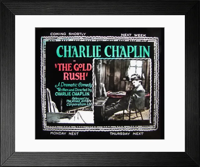 Framed Print : Charlie Chaplin cinema slide - a hand tinted magic Framed Print : Charlie Chaplin cinema slide - a hand tinted magic