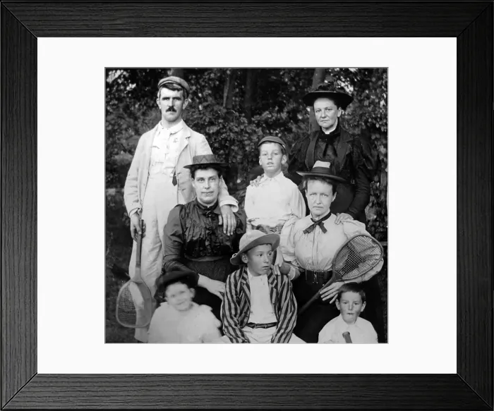 Framed Print : Edwardian family ready for tennis - early 1900s Framed Print : Edwardian family ready for tennis - early 1900s