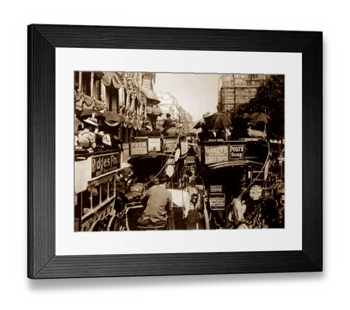 Framed Print : Busy London street scene - hand coloured - Victorian period Framed Print : Busy London street scene - hand coloured - Victorian period