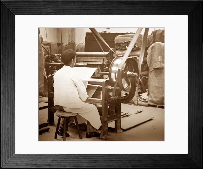 Framed Print : Web rolling machine, linen production, Victorian period Framed Print : Web rolling machine, linen production, Victorian period