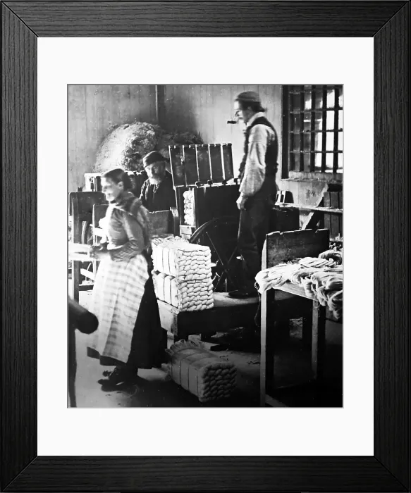 Framed Print : Linen manufacture, Short stool bundling Framed Print : Linen manufacture, Short stool bundling