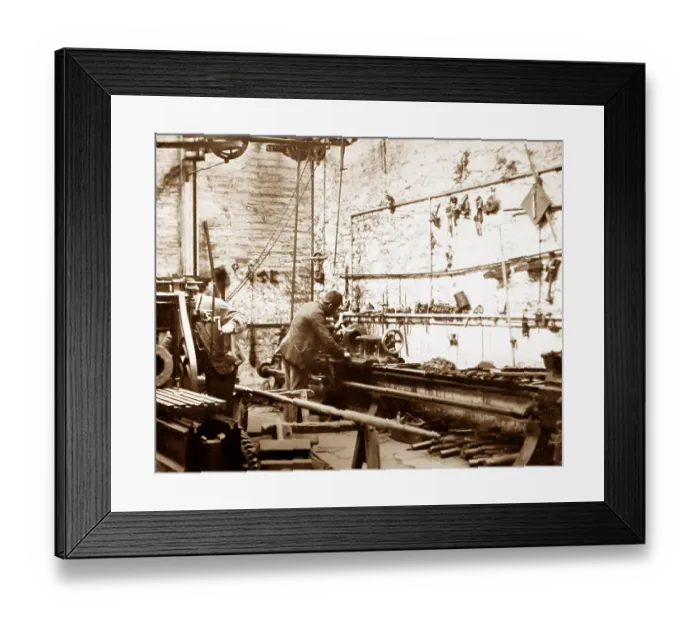 Framed Print : Engineer's workshop, linen production, Victorian period Framed Print : Engineer's workshop, linen production, Victorian period
