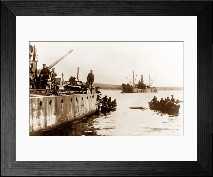 Framed Print : Scapa Flow, Crew of German destroyer taking to Framed Print : Scapa Flow, Crew of German destroyer taking to