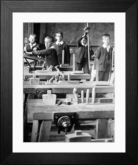 Framed Print : Woodworking class, Victorian period Framed Print : Woodworking class, Victorian period