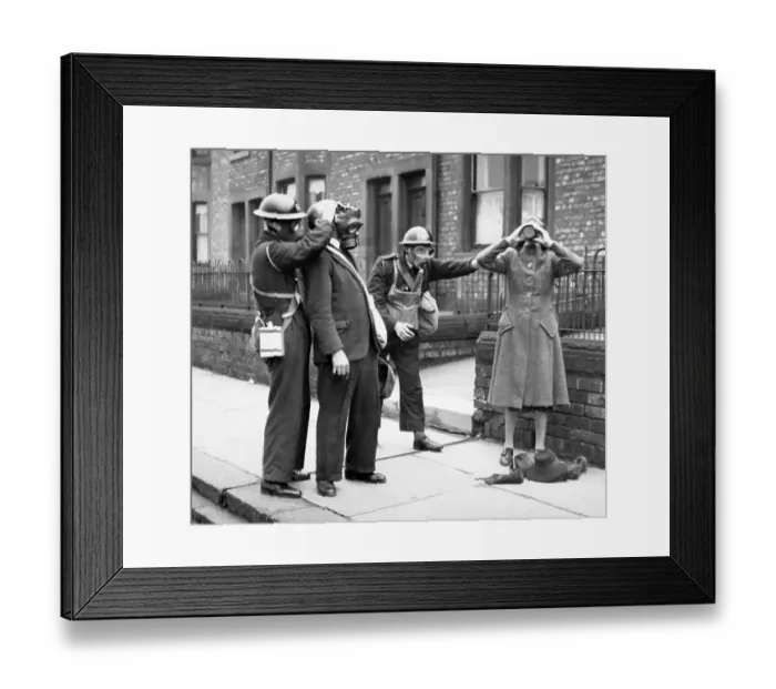 Framed Print : Helping to put on gas masks, ARP training exercise Framed Print : Helping to put on gas masks, ARP training exercise