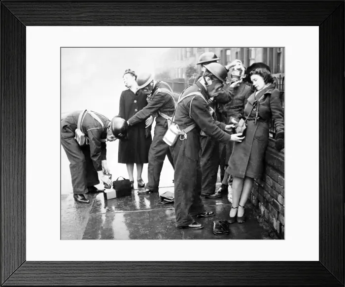 Framed Print : Helping to put on gas masks, ARP training exercise Framed Print : Helping to put on gas masks, ARP training exercise