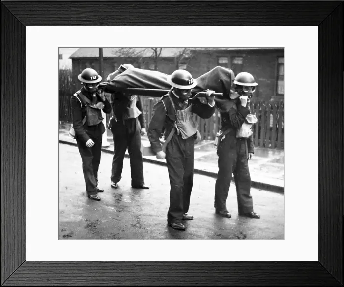 Framed Print : Stretcher carrying technique, ARP training exercise Framed Print : Stretcher carrying technique, ARP training exercise