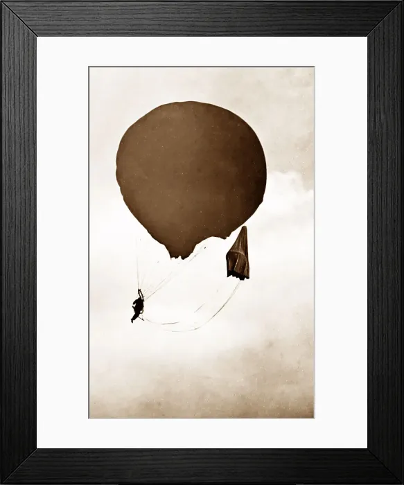 Framed Print : Preparing to parachute from a balloon, Victorian period Framed Print : Preparing to parachute from a balloon, Victorian period