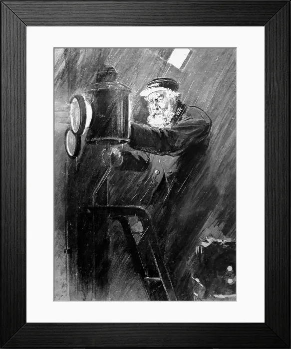 Framed Print : Illustration of lighthouse keeper lighting the lamp Framed Print : Illustration of lighthouse keeper lighting the lamp