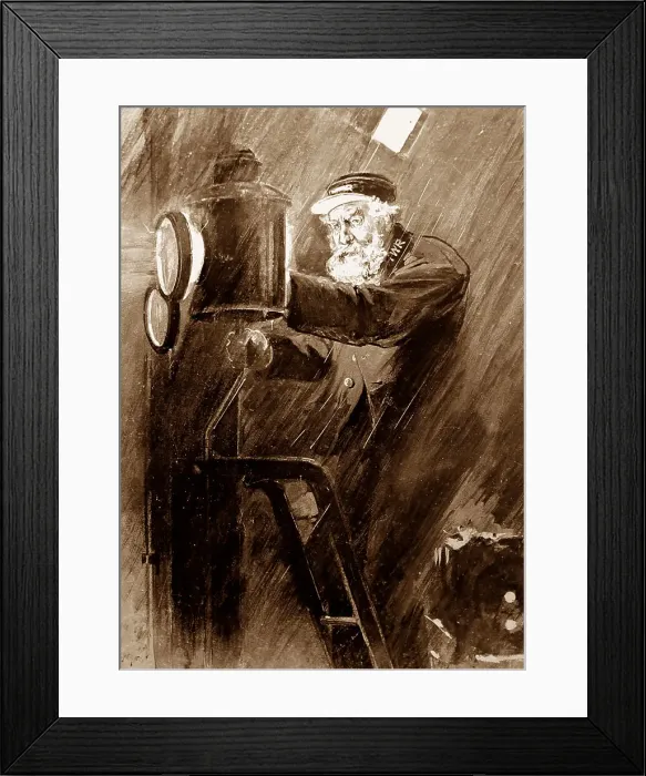 Framed Print : Illustration of lighthouse keeper lighting the lamp Framed Print : Illustration of lighthouse keeper lighting the lamp
