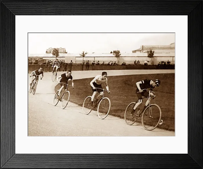 Framed Print : Two mile challenge cycle race, early 1900s Framed Print : Two mile challenge cycle race, early 1900s