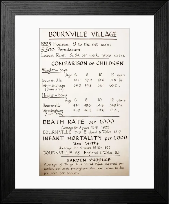 Framed Print : Statistics relating to Bournville Village in the 1920s Framed Print : Statistics relating to Bournville Village in the 1920s